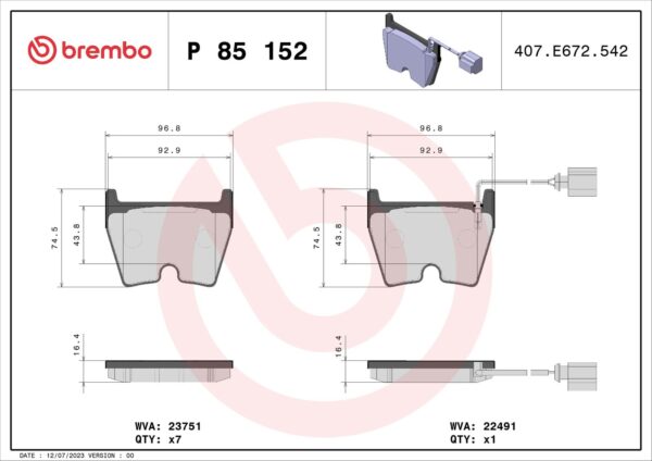 Sada brzdových destiček, kotoučová brzda BREMBO P 85 152X